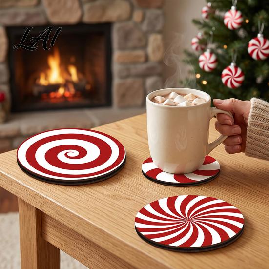 Winter Home Decor Accessories 4Pcs Red White Spiral Wooden Coasters Round Peppermint Candy Drink Lightweight Stackable Wood Mat Heat‑Resistant Cup