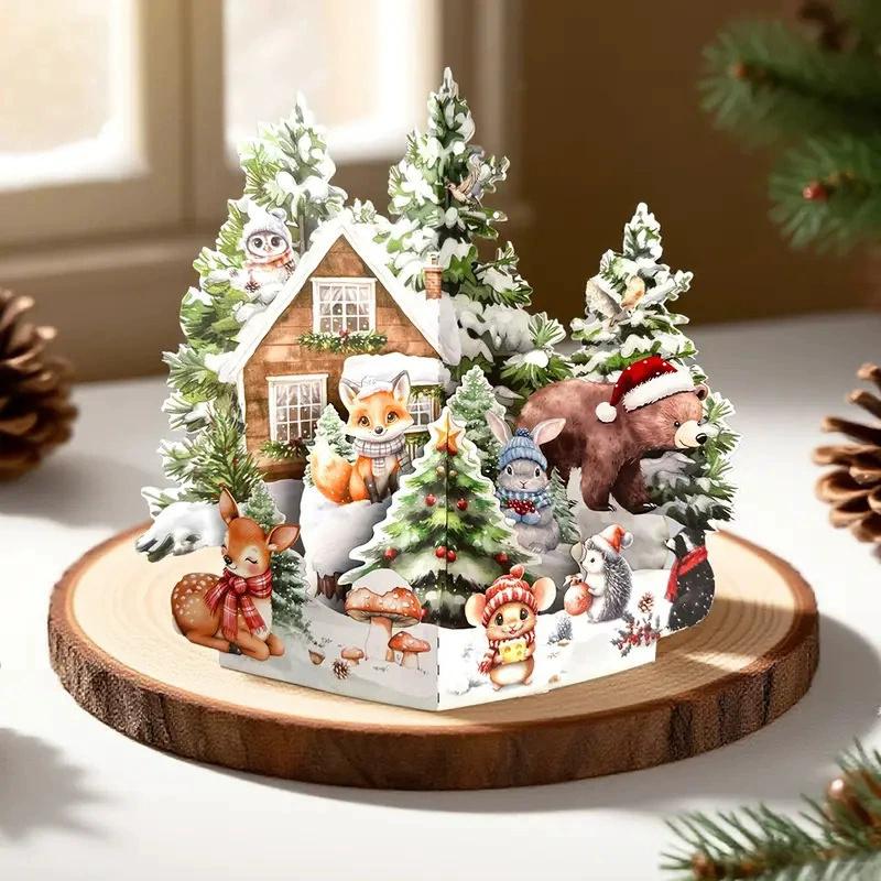 3D vánoční přání Scéna Noc před Vánocemi s Santa Clausem, sobem, zasněženou vesnicí Sváteční sváteční přání