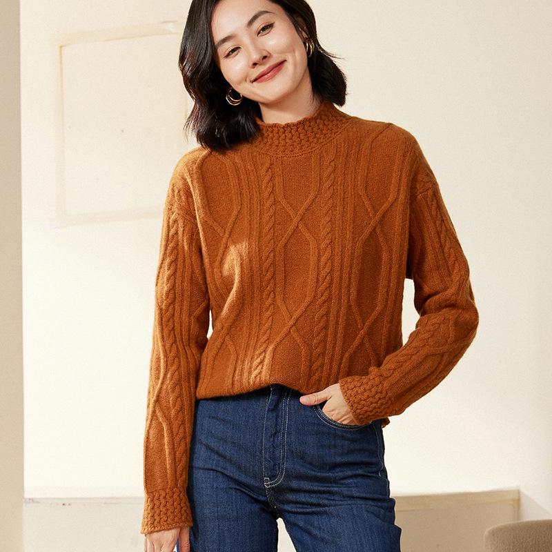 Women's Heavy Knit Wool Cashmere Cable Sweater with Half-High Neck - New Loose Fit for Autumn/Winter