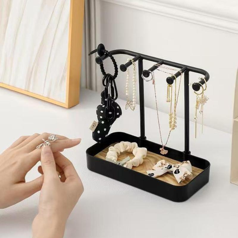 Portable Jewelry Display Rack Earrings Necklaces Storage Rack Key With Wooden Base Hanging Holder Desktop Organizer