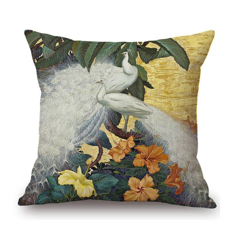 Flower Birds Peacock Floral Oil Painting Parrot Home Decoration Cotton Linen Sofa Throw Pillow Case Beautiful Cushion Cover Case