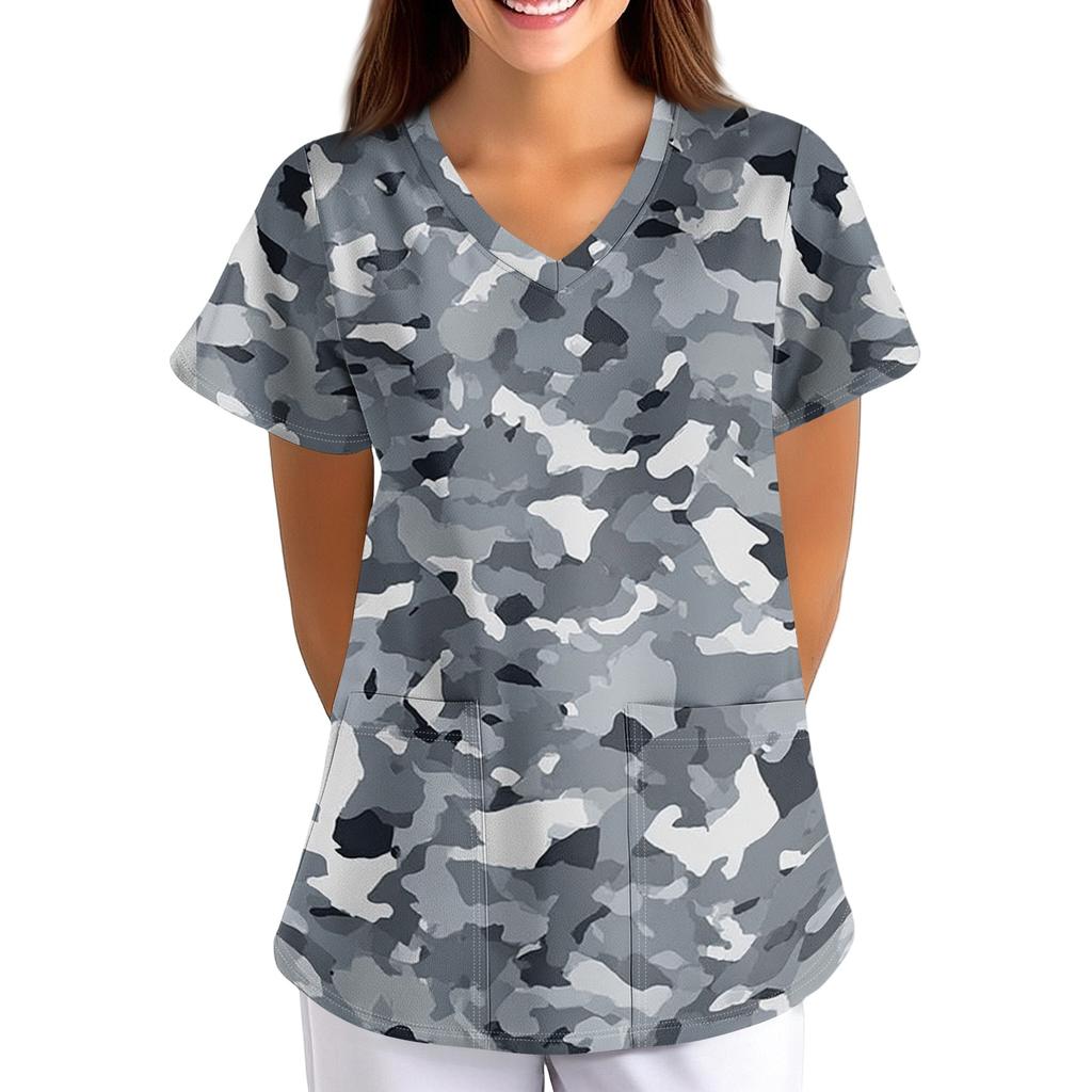 Women's V Neck Floral Print Short Sleeve Medical Scrub Top with Pocket Vintage Style Comfortable Fit Nursing Workwear