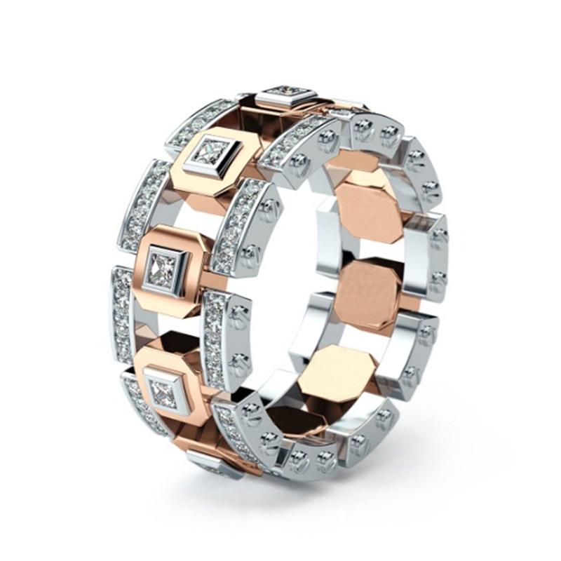 

Modern 925 silver-plated 14k rose gold color separation ring, European and American creative full diamond ring no. 13