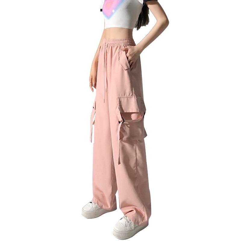 Pink overalls women's summer thin high-waisted quick-drying wide-leg pocket casual sweatpants women's