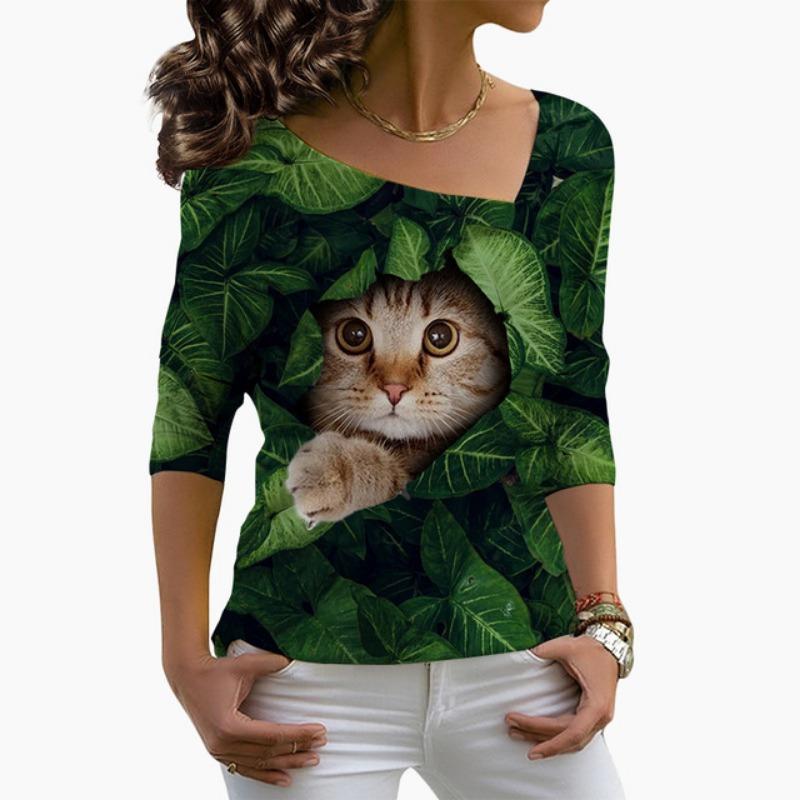 

Женские футболки, тонкие, легкие, пуловеры, женская одежда, мода, длинные рукава, цифровая печать, уличный вырез, диагональный вырез, Harajuku 3XL