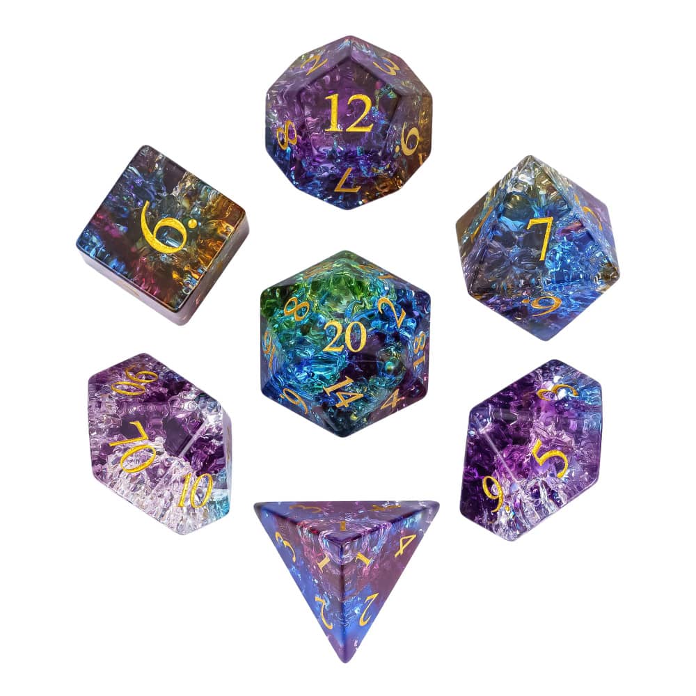 Cusdie Glass DND Dice Set 7-Die Handmade Shattered Glass D4-D20 Polyhedral Dice with Leather Box for Tabletop RPG Collection