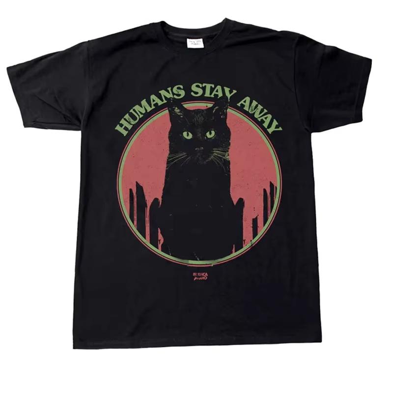 Stay away from black cats men and women loose Tshirts European and American pop punk rock men S