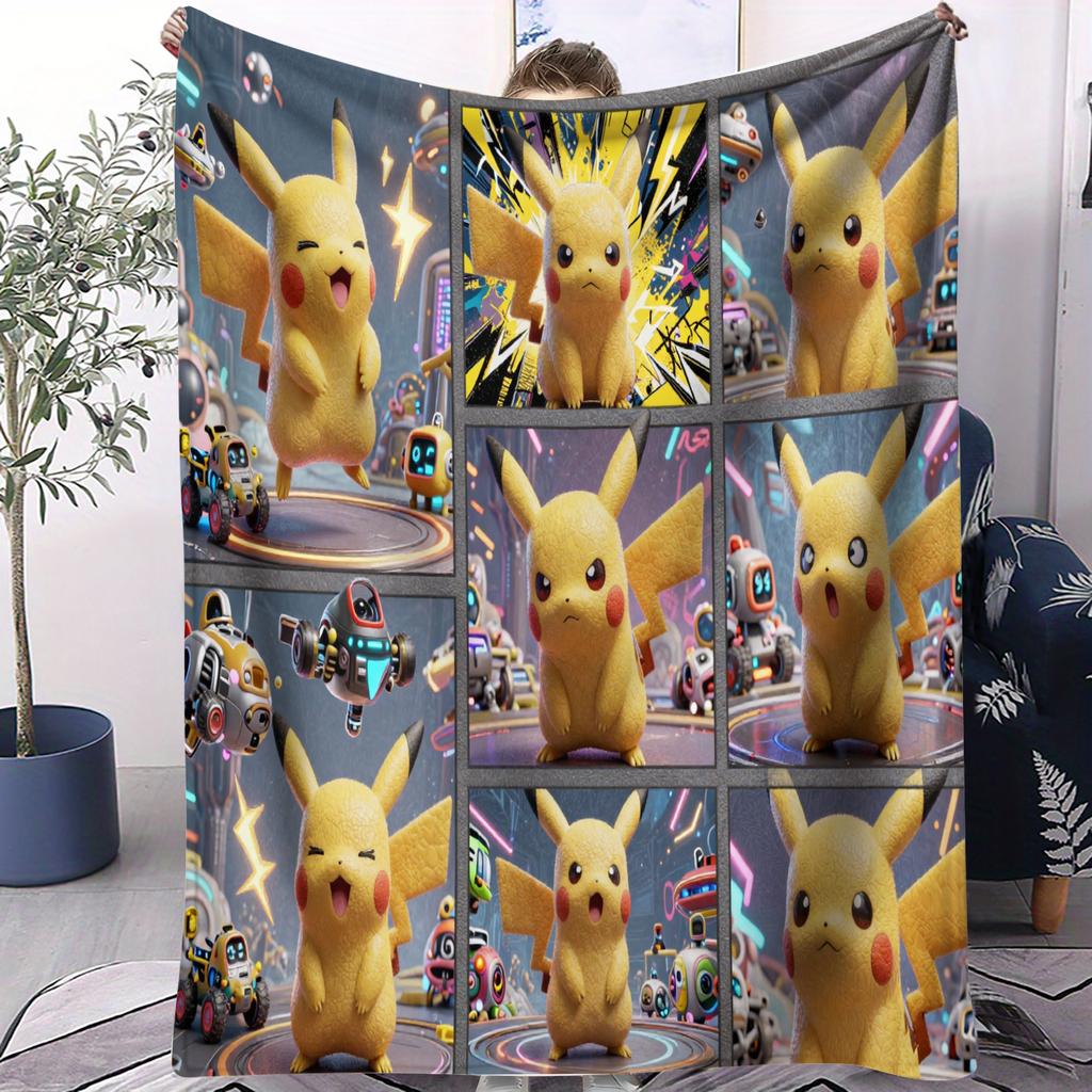 Pokemon Pikachu Cyber City Tech-Themen-Decke Warm Weich Street Trend Plüsch für Mädchen Jungen für Schlafzimmer Wohnzimmer Heimdeko