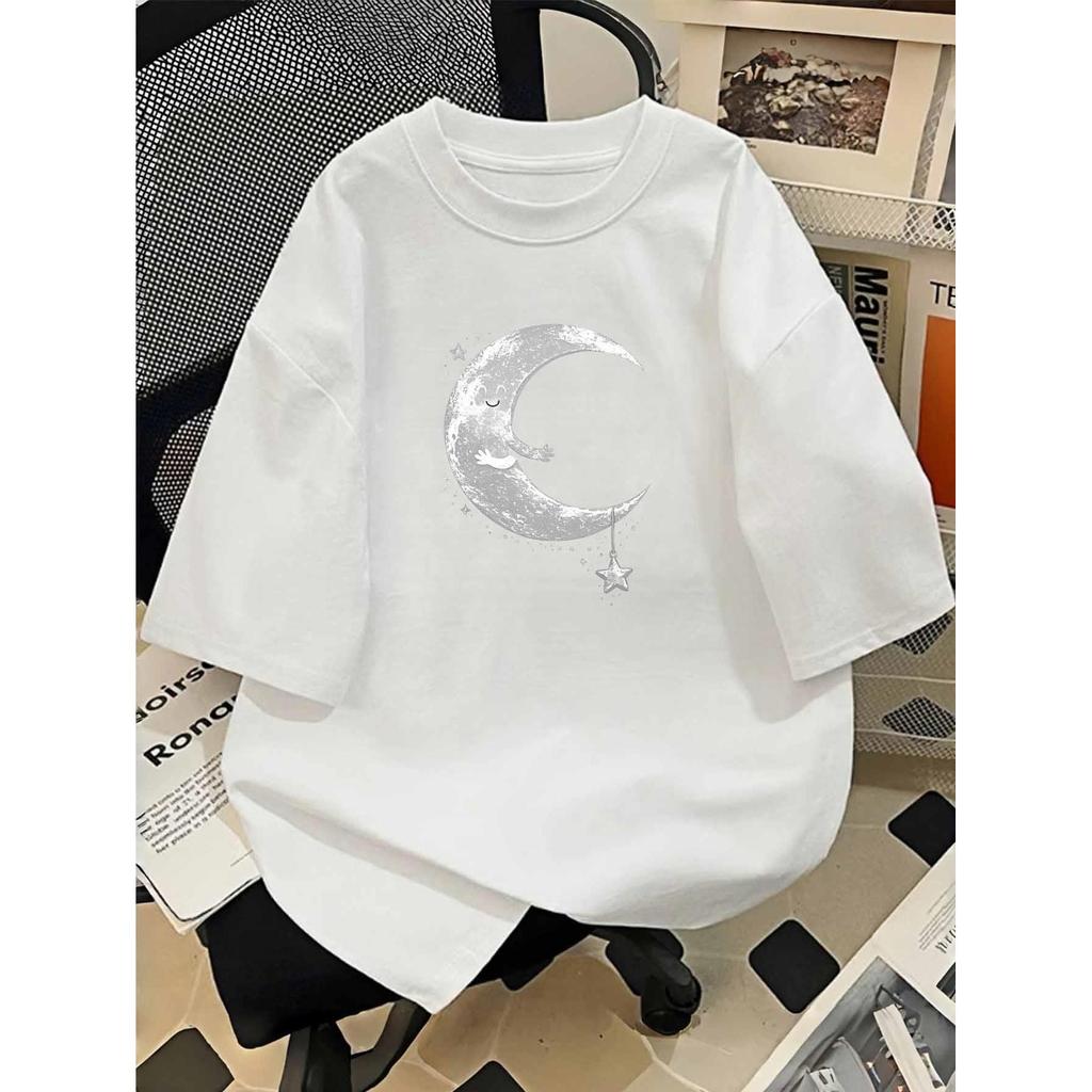 Crescent Moon Star Print Graphic Tee Cotton Casual Short Sleeve T-Shirt for Men