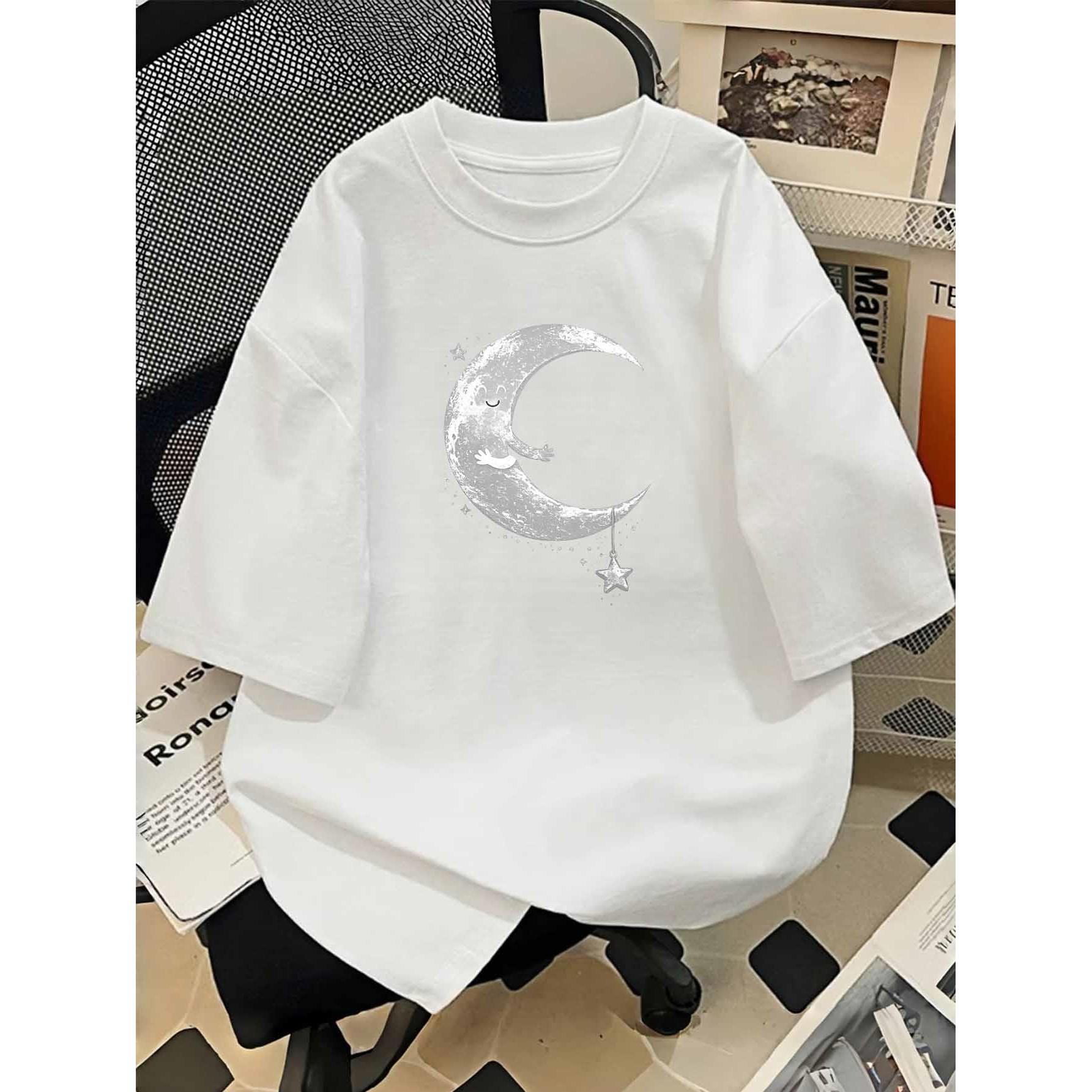 Crescent Moon Star Print Graphic Tee Breathable Cotton Casual Short Sleeve T-Shirt for Men S