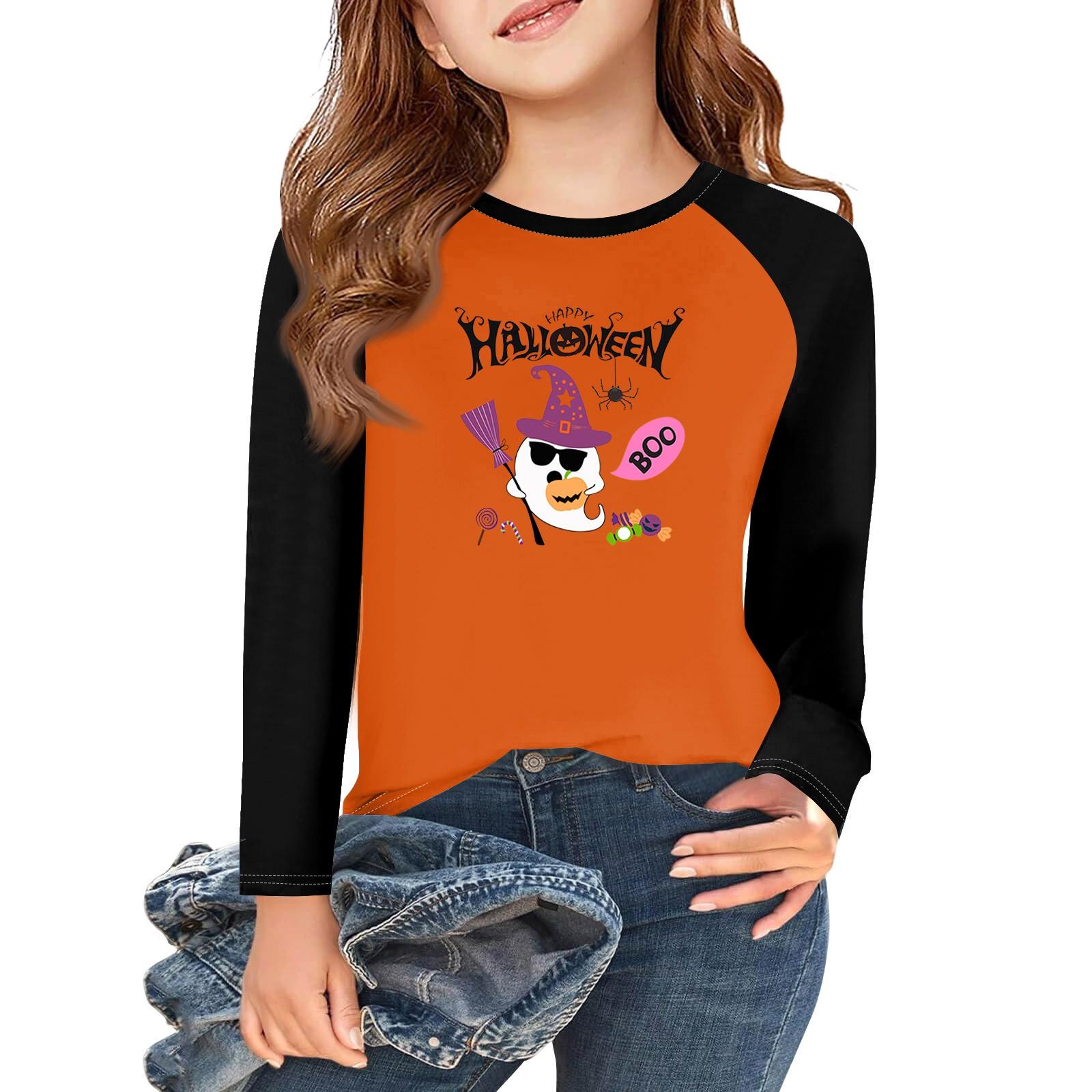 

Футболки з довгим рукавом для дівчаток на Хелловін, дитячі осінні топи з круглим вирізом, базові футболки 5-14 років 130