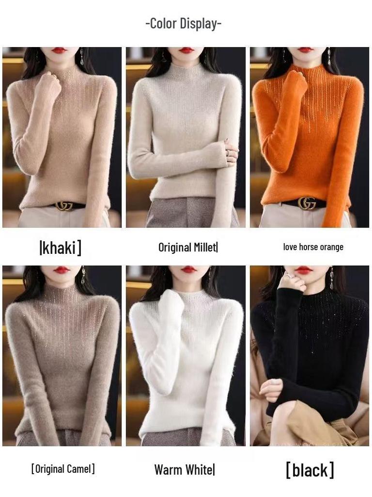 2025 Autumn/Winter Women's Rhinestone Cashmere Sweater - Semi-High Neck & Slimming Fit