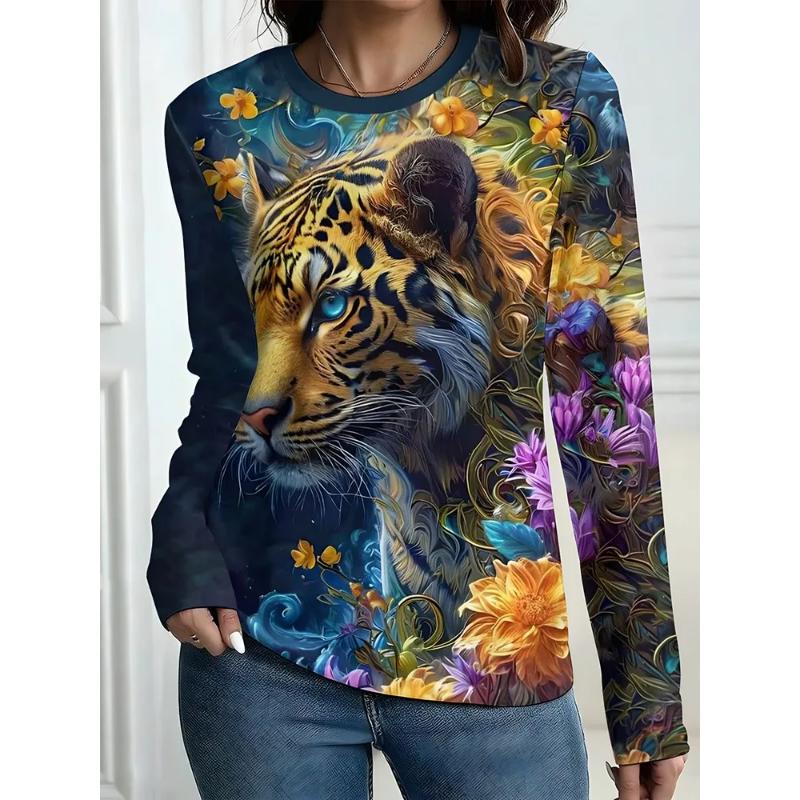 Modisches Damen Rundhals Langarm 3D Lässiges Farbdruck Lässiges Langarm Rundhals T-Shirt