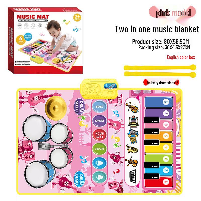 

Детский музыкальный коврик 2-в-1 - Джазовый барабан и фортепианные клавиши - Водонепроницаемый с барабанными палочками розовый