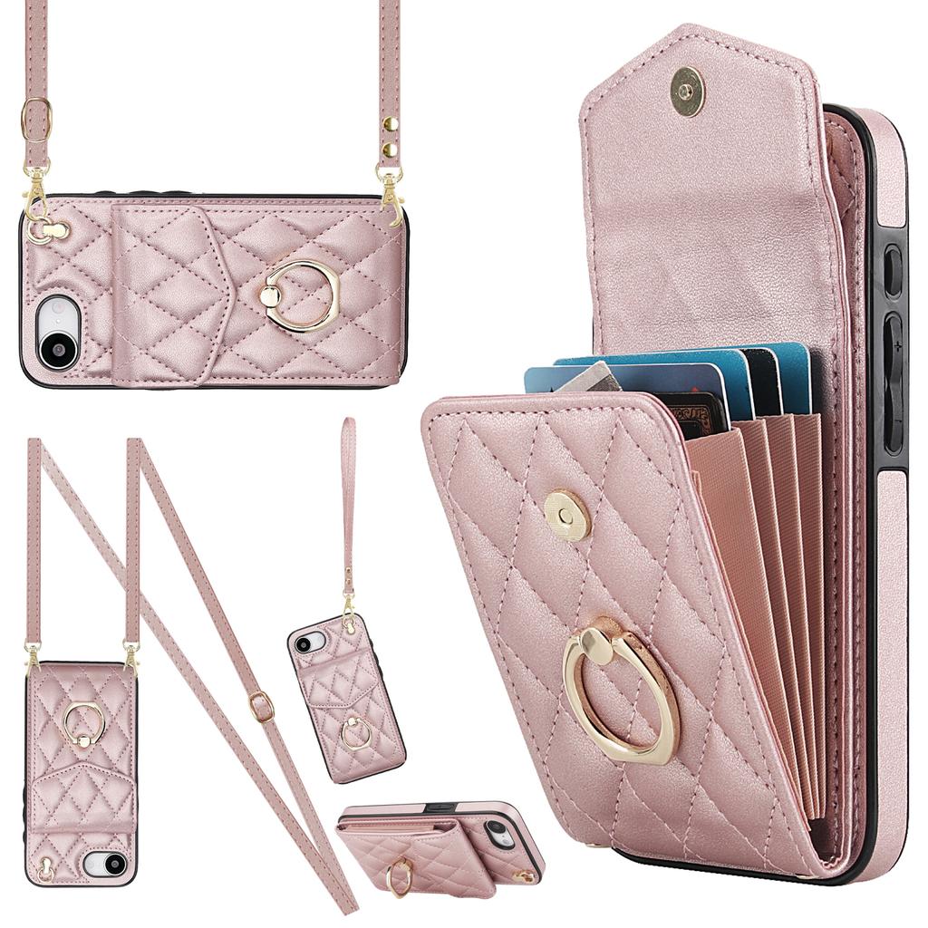 For iPhone 16e Case RFID Blocking Card Bag Leather+TPU Crossbody Phone Cover with Ring Kickstand