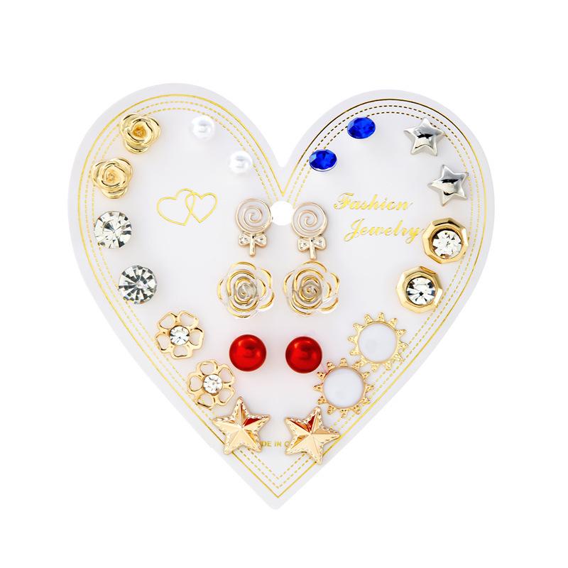12-Pair Rhinestone Stud Earrings Set: Flower, Heart, Star & Moon Designs