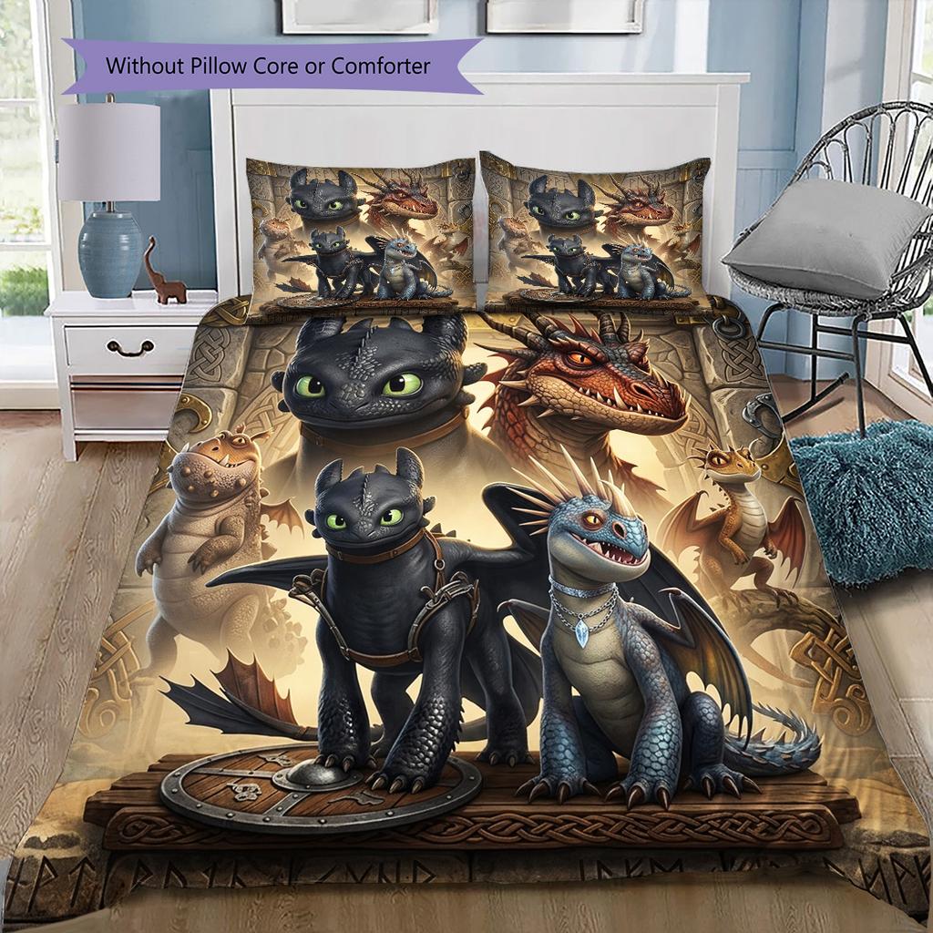 How Train Dragon Pattern Bedding Quilt Set Quilt Cover Pillowcase Home Birthday Gift(1 * Duvet Cover + 2 * Pillowcase, Without Core)