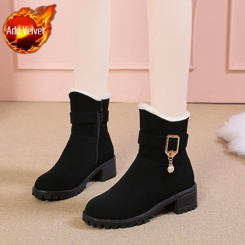 

Модные Элегантные Женские Туфли на Среднем Каблуке Плюшевые Массивные Зимние Ботинки для Женщин Зимние Ботильоны с Круглым Носком Новинка 2025 Теплые Горячие Готические Ботинки 35