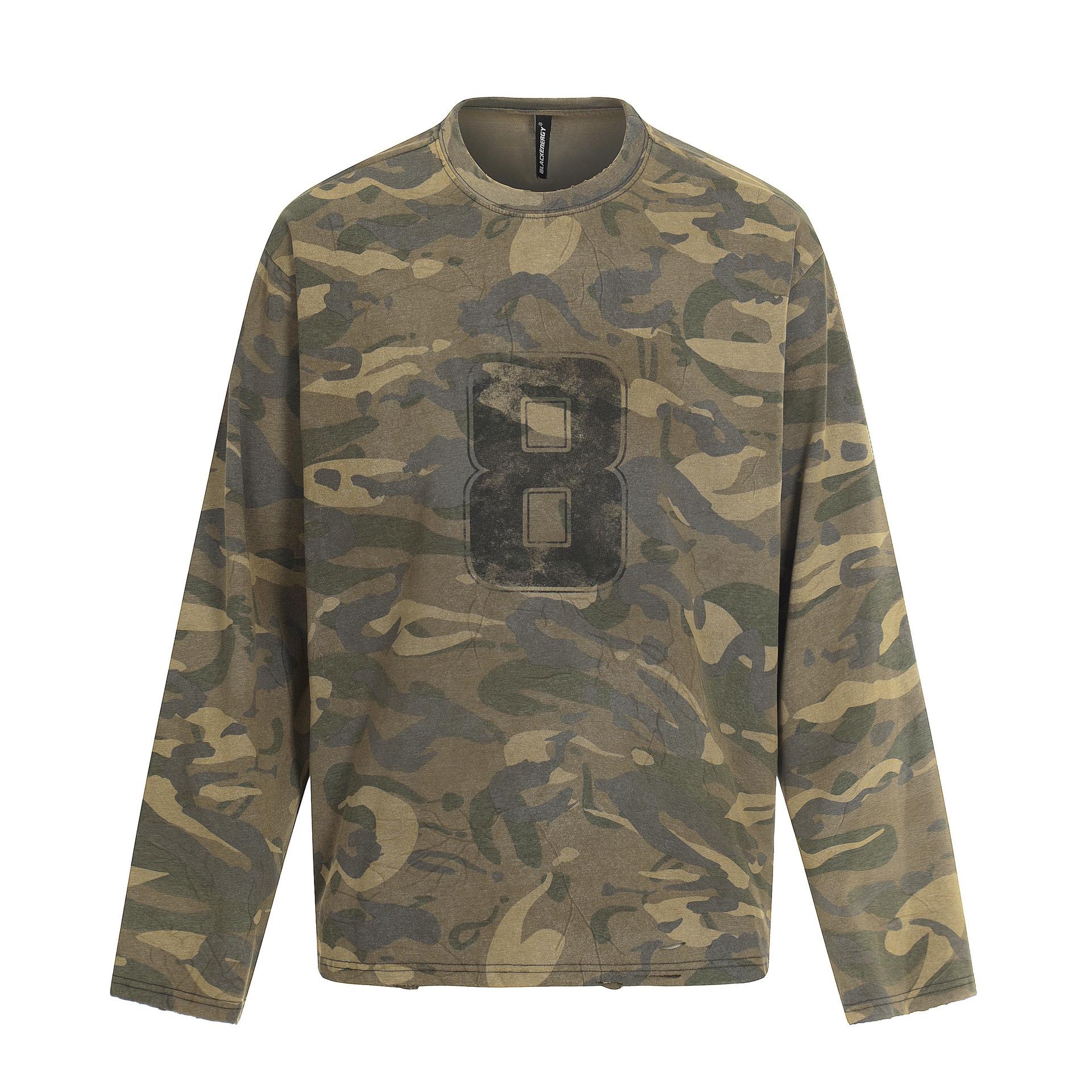 Spring and summer camouflage T-shirt American retro trendy brand dirty dyed washed bottoming shirt loose top S