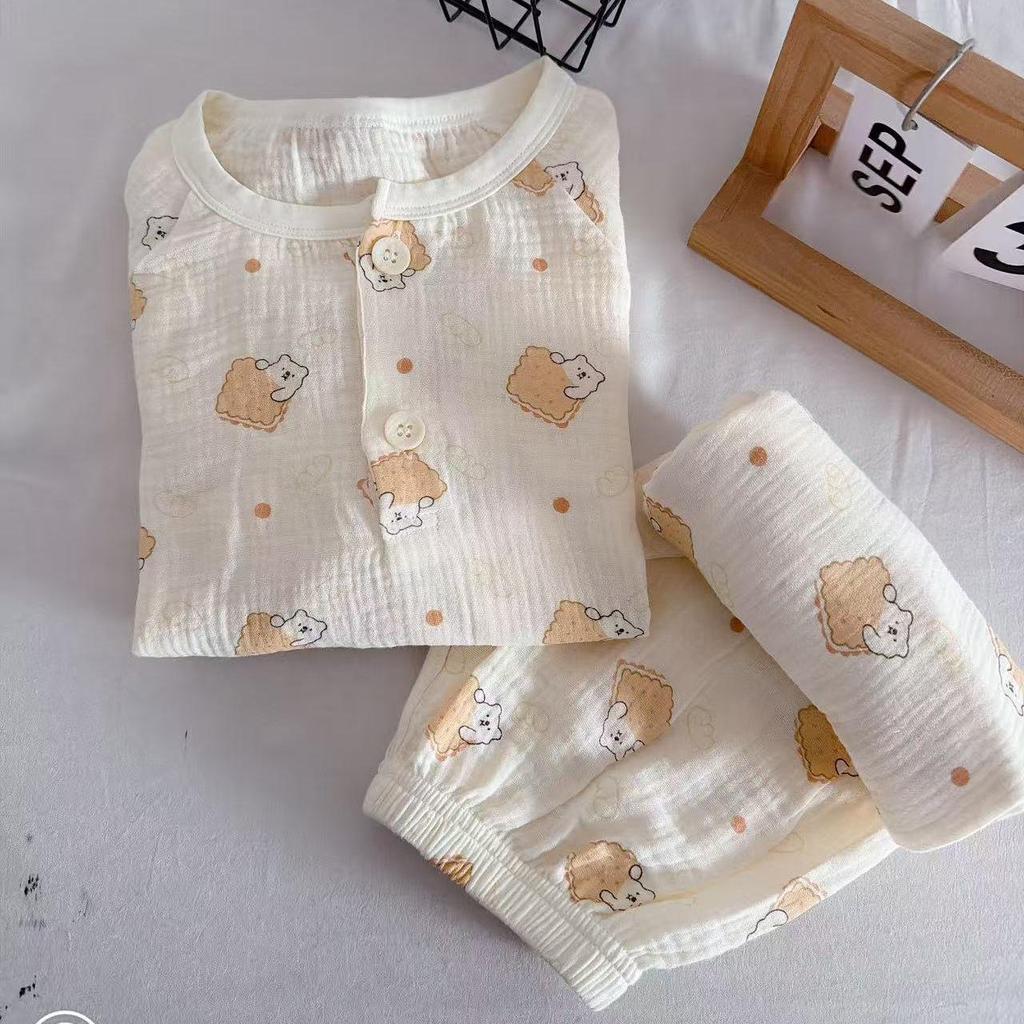 Children's 100% Cotton Gauze Pajama Set for Spring/Summer - Loose, Thin Long Sleeve for Boys and Girls