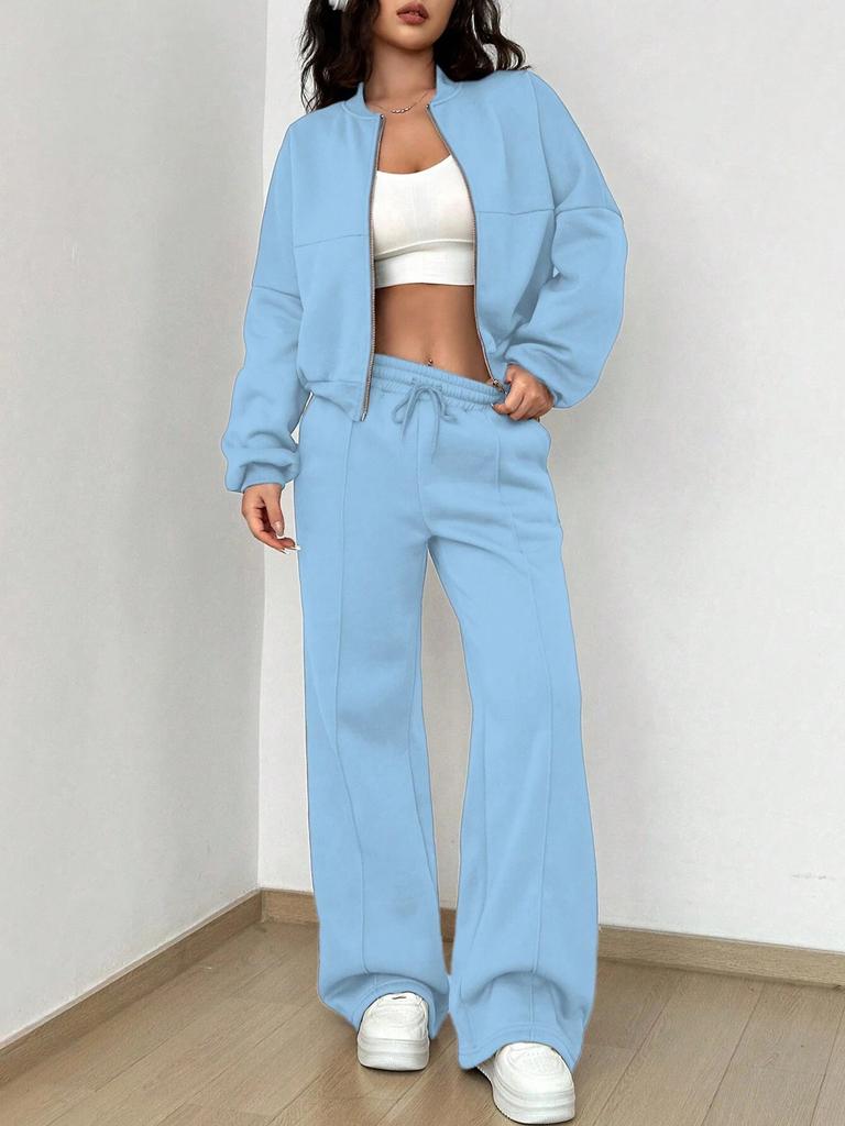 Women Casual Sporty Tracksuit Set Short Sleeve Zip Up Jacket High Waist Wide Leg Pants Loungewear