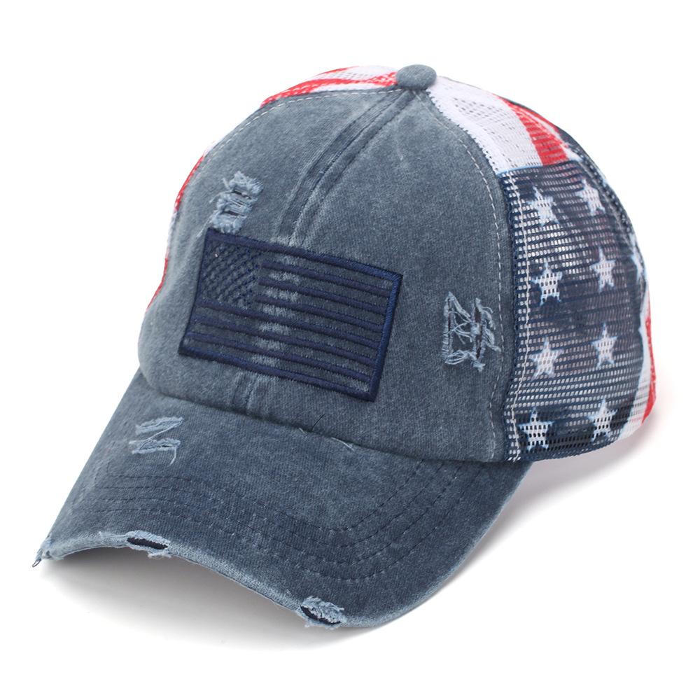 Patriotic Style Ponytail Baseball Cap, Distressed Mesh Back Trucker Hat for Women L