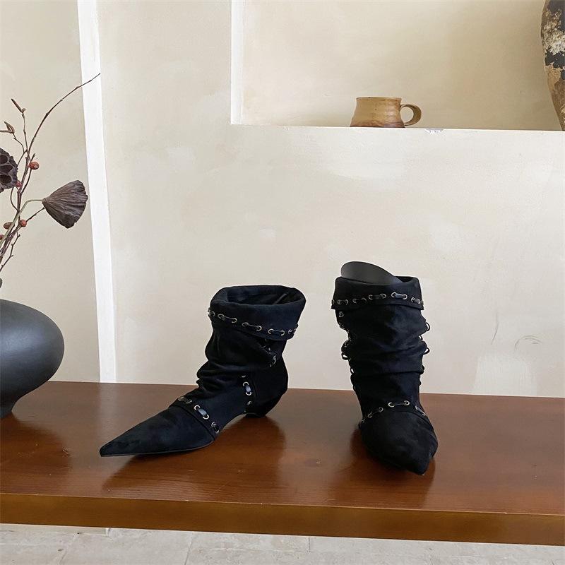 

Европейский и американский стиль ручной работы шнуровка острый носок толстый каблук замшевые короткие ботинки женские рукав присборенные модный тренд западные ковбойские ботинки 35