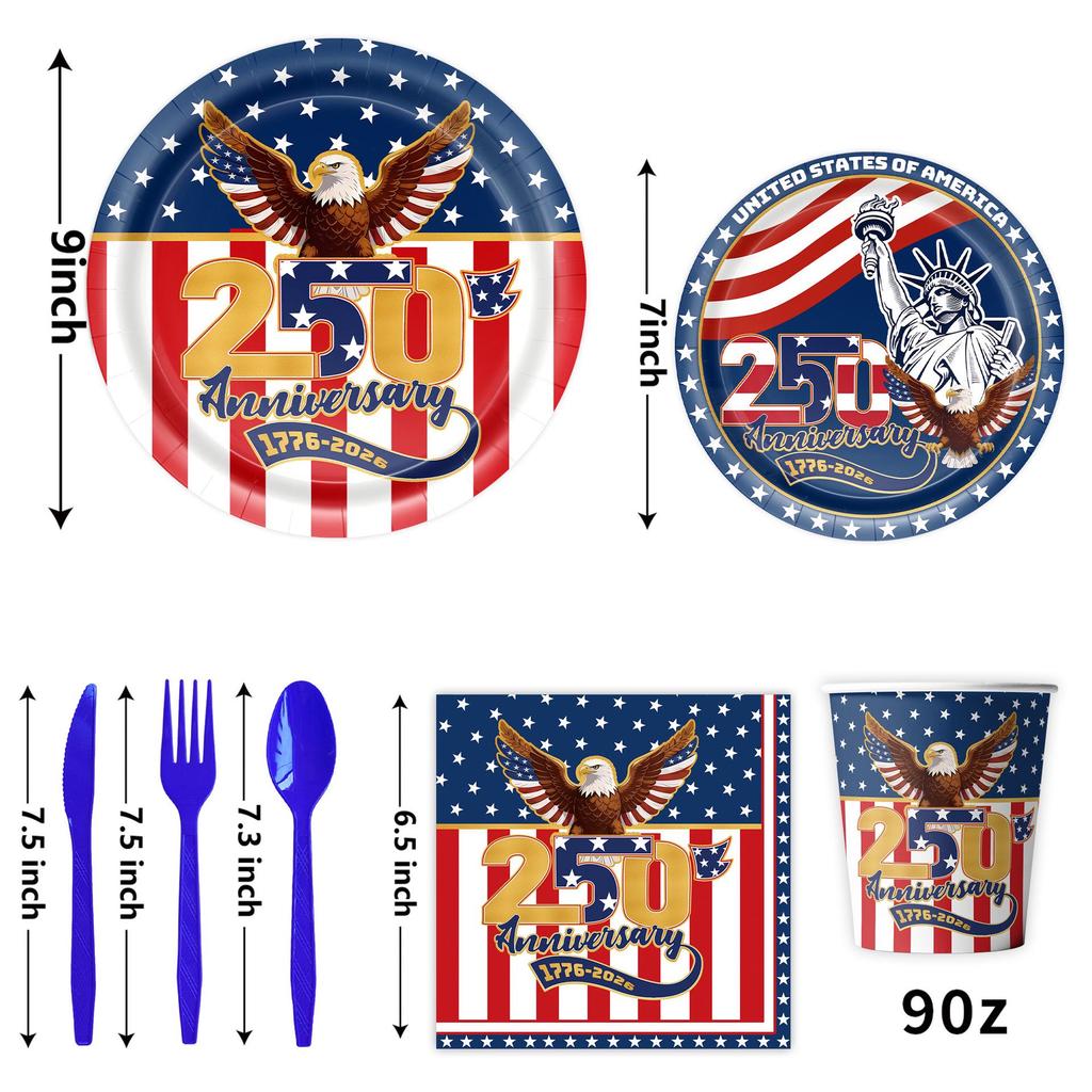 USA 250th Anniversary Party Supplies Set: Festival Decorations, Paper Plates, and Tablecloth.