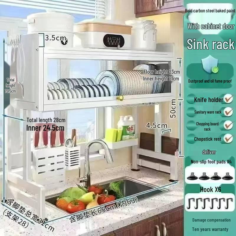 Multi-functional Kitchen Sink Cabinet Rack: Dustproof Countertop Storage for Bowls, Plates, and Dishes with Drainage.
