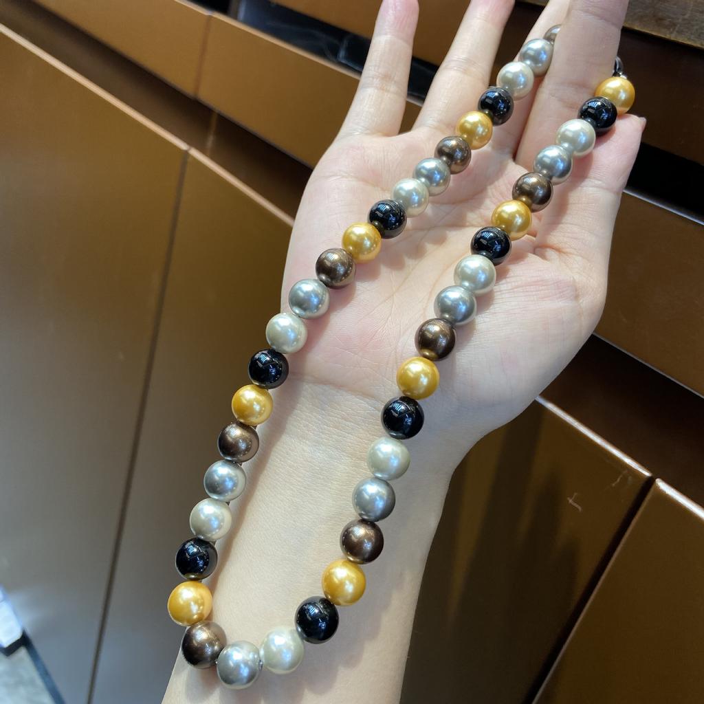 Ni Ni'S Same Bead 10Mm Five-Color Necklace, Black And White Gold And Silver Fashionable Versatile Beaded Collarbone Chain, Neck Chain.