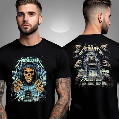 Metallica M72 World Tour 2025 Banda de Rock Gráfica Camiseta Unisex de Doble Cara Lujo de Alta Gama Es para Hombres y Mujeres Top Y2k