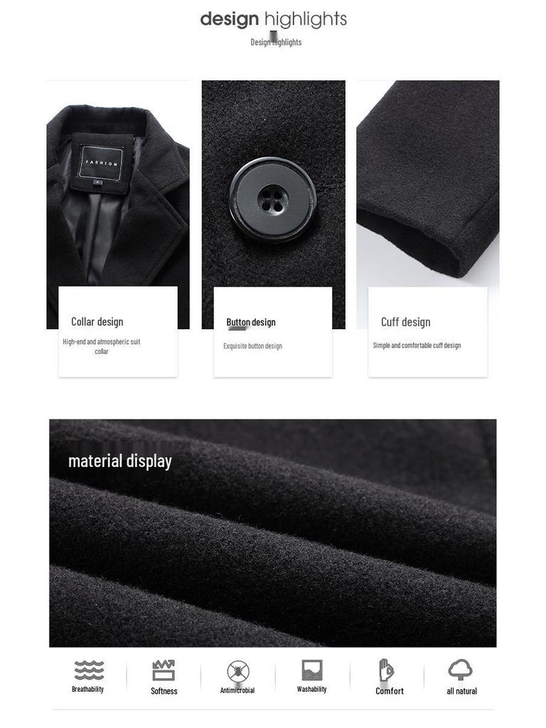 2024 Men's Solid Color Single-Breasted Wool Trench Coat