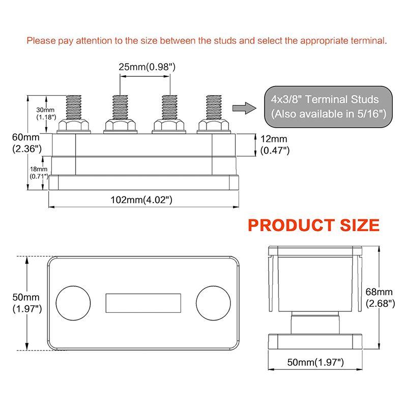 AAAF 600A Bus Bar 4-Stud (3/8 Inch) M10 High Current Copper Busbar Terminal Block Marine DC 12V 24V 48V With Cover