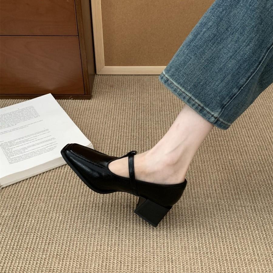 French Retro Square Head Thick Heel Single Shoes Female Spring and Autumn New Evening Wind Korean Version Fairy High Heels Mary Jane Small Lea