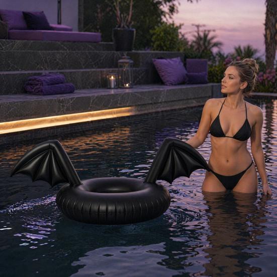 Inflatable Pool Float Creative Bat Wings Decor Black Thickened PVC Swim Ring