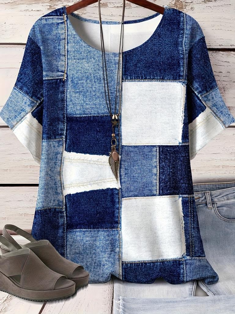 Summer Casual Women's Faux Denim Patchwork Print Short Sleeve O-Neck Fashion T-Shirt Vintage Tops Loose Elegant Women's Clothes