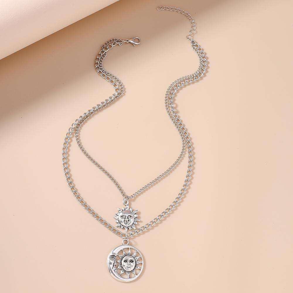 Vintage Multilayer Sun Pendant Necklace for Women Silver Color Choker Necklaces Party Holiday Jewelry Gifts