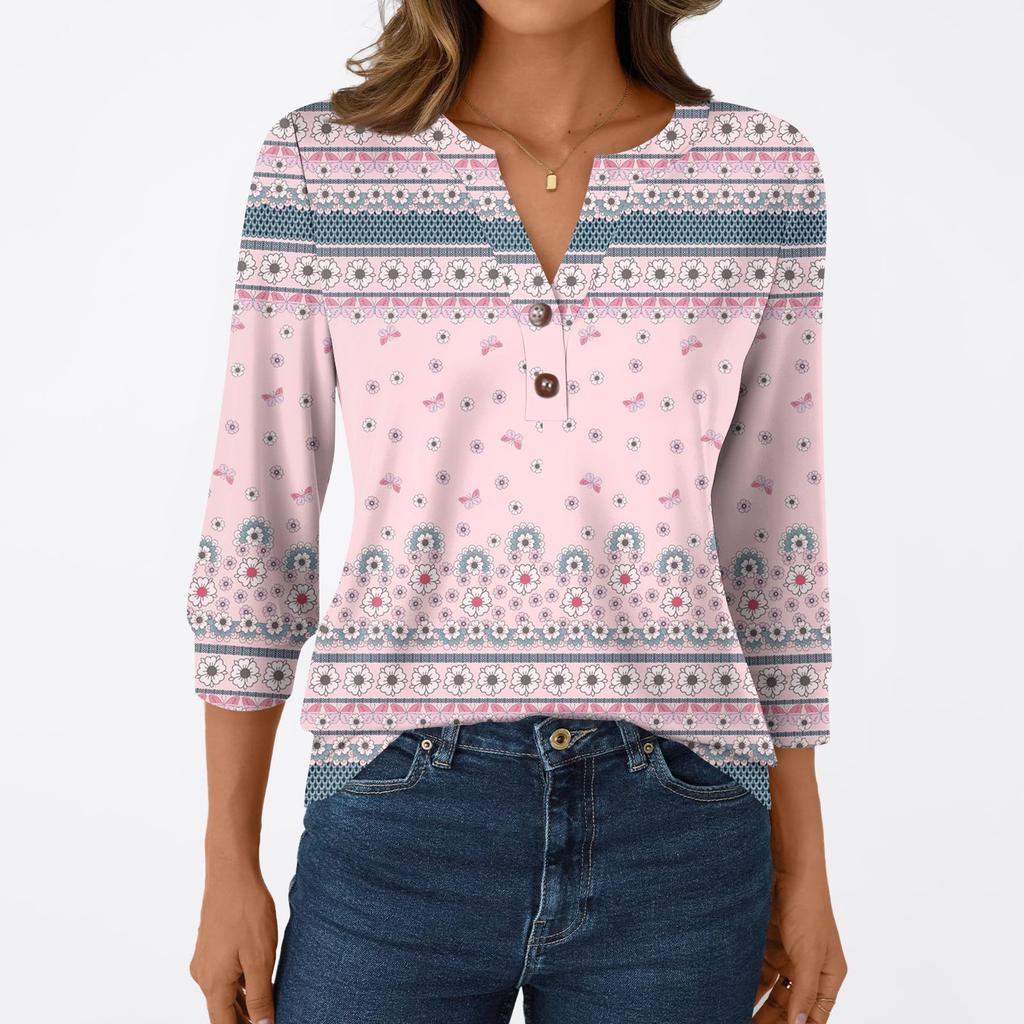 T-shirt Manches 3/4 Décontracté Mode Femme Imprimés Col V Boutonné