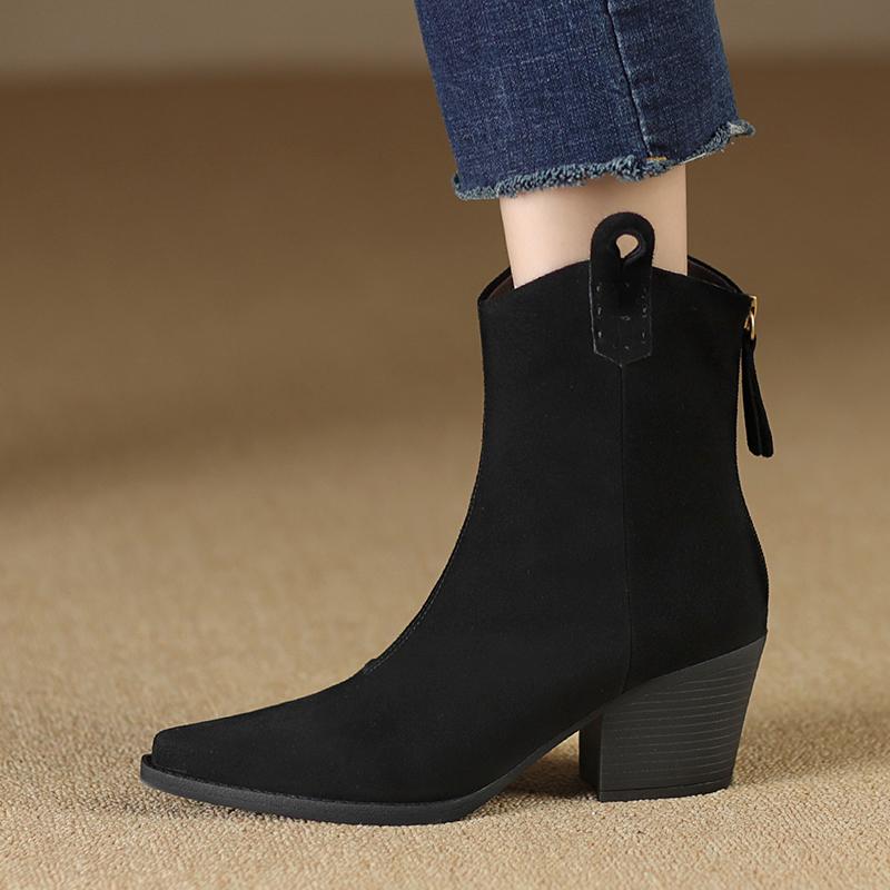 Fashion 2024 New Autumn Winter Genuine Leather Women Boots Fashion Pointed Toe Chelsea Boots Chunky High Heels Women Shoes Ankle Boots