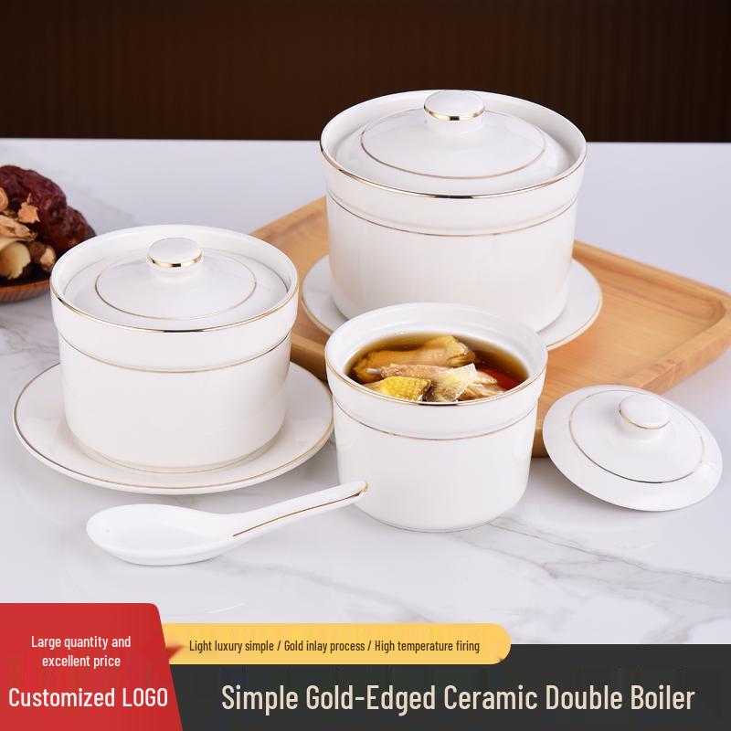 Commercial Ceramic Double Boiler Stew Pot with Lid - Single-Serve Egg Custard & Dessert Cup for Home or Restaurant Use