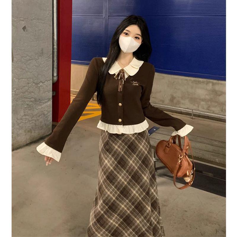 Petite Retro Plaid Skirt & Spliced Long Sleeve Top Set for Autumn/Winter Women