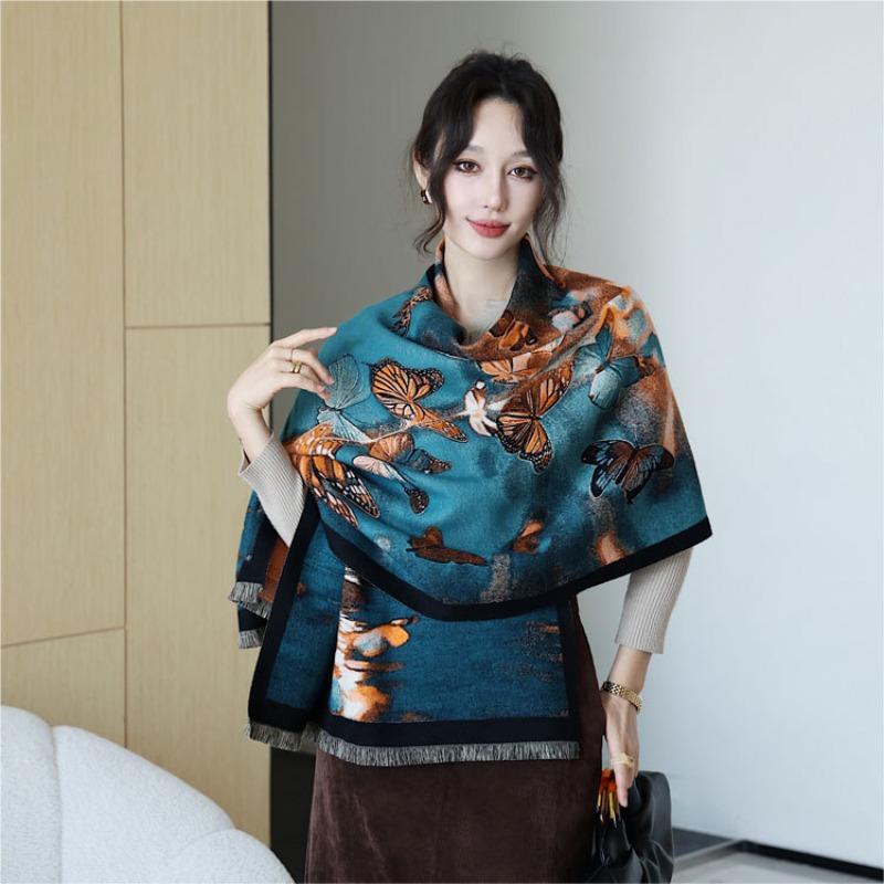 Butterfly oil painting shawl autumn and winter new literary and fashionable imitation cashmere scarf women's oversized versatile warm thickened scarf