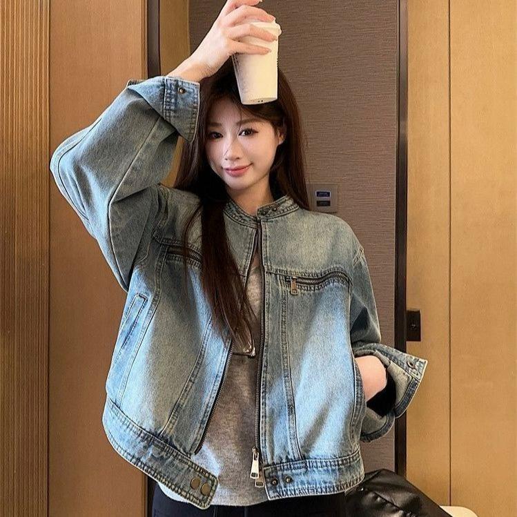 

Spring Short Denim Jacket Stand Collar Zip Up Vintage Washed Loose Fit Stylish Layering Essential XXL