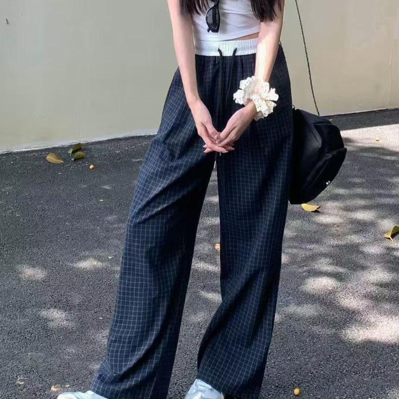 Women's Spring-Summer High-Waist Plaid Wide-Leg Pants - Korean Style Casual Sports