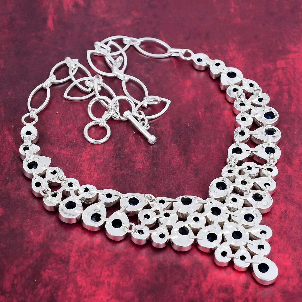 Blaue Saphir Halskette, handgefertigte Edelstein Halskette, 925 Sterling Silber Halskette Antiker Schmuck, Für Verlobungsgeschenk