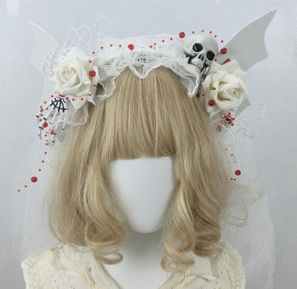Original Handmade Halloween Ghost Bride Cos Dress Up Hair Accessories White Lace Veil Blood Drop Mesh Flower Women's Headdress