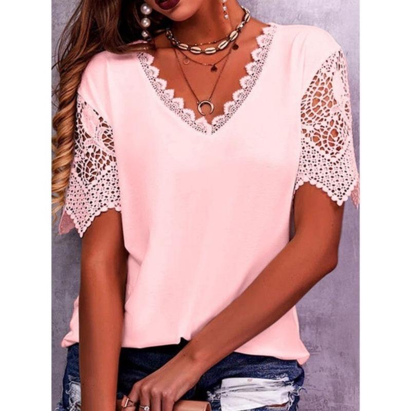 Women's T-shirt Lace Splicing Loose V-neck Short-sleeved T-shirt