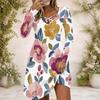 Women White Floral Leaf Printed Criss Cross V Neck Long Sleeve Fitted Curved Hem Dress