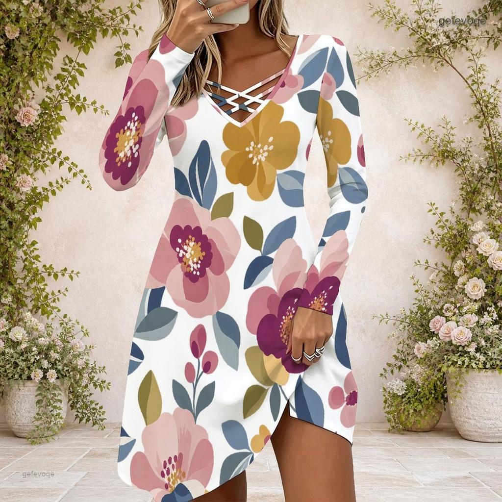 Women White Floral Leaf Printed Criss Cross V Neck Long Sleeve Fitted Curved Hem Dress