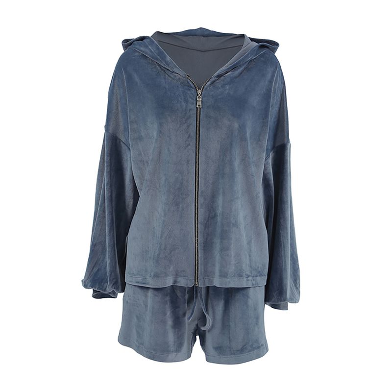 Fashion Winter Knitted Velvet Suit Women's Long Sleeves Hooded Top Zipper Casual Shorts